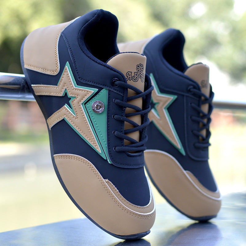 Leather waterproof sneakers in navy with beige sole, star panel with teal trim