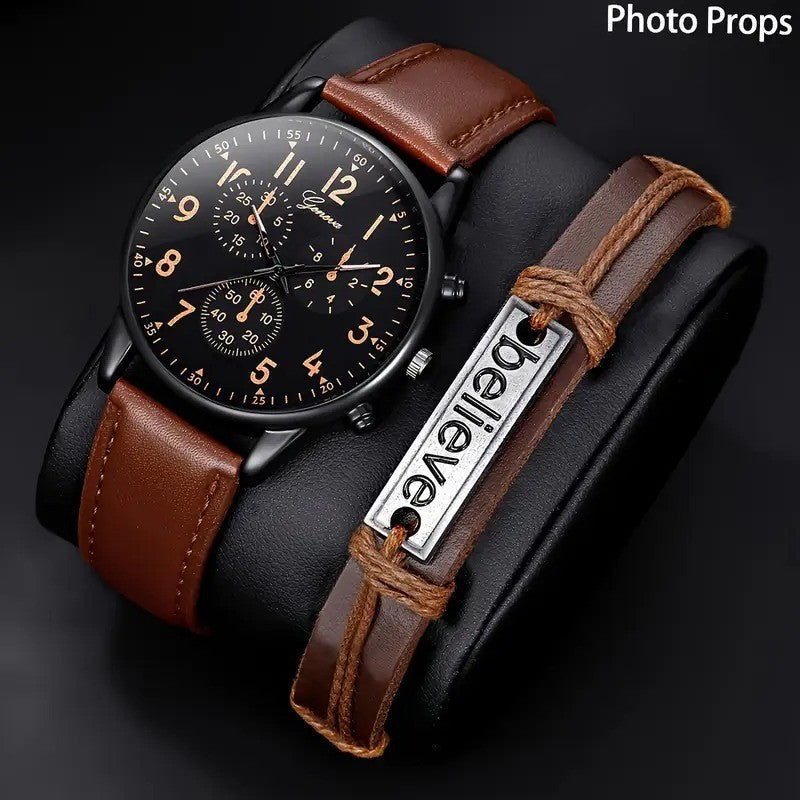Quartz watch with brown leather strap and matching engraved tag bracelet set