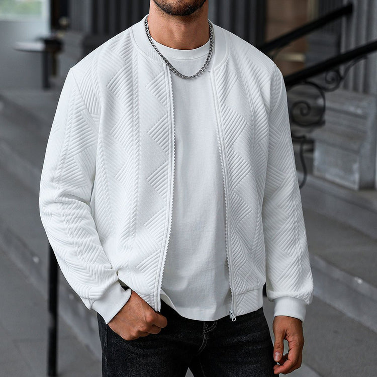 White textured zip-up coat with stand collar and ribbed quilt pattern