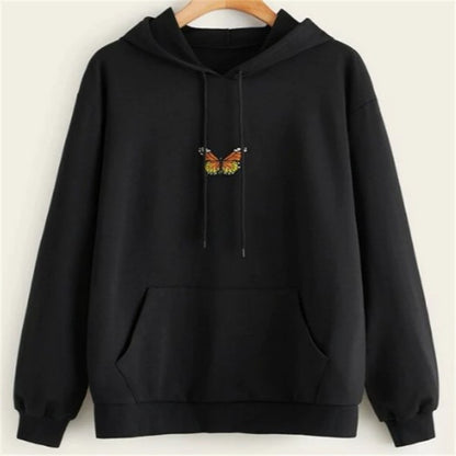 Butterfly-embroidered black hoodie with kangaroo pocket and drawstring hood
