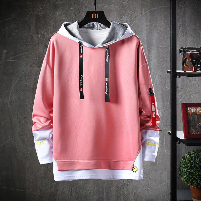 Light red hoodie sweater with hood, black drawstrings, kangaroo pocket, contrast inner cuffs