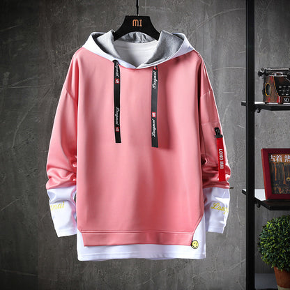 Light red hoodie sweater with hood, black drawstrings, kangaroo pocket, contrast inner cuffs
