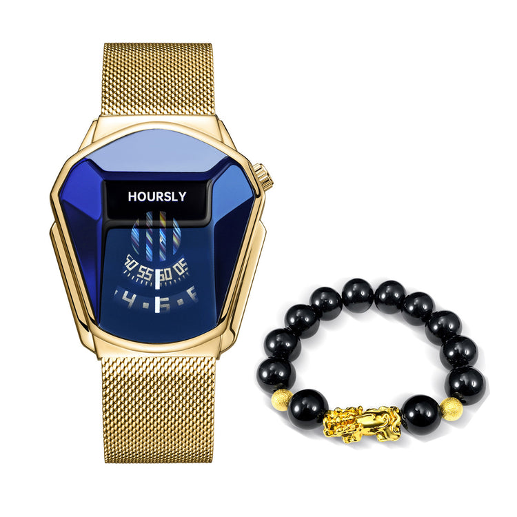 Gold-tone smartwatch with blue digital face and matching black bead Pixiu charm bracelet