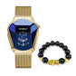 Gold-tone smartwatch with blue digital face and matching black bead Pixiu charm bracelet