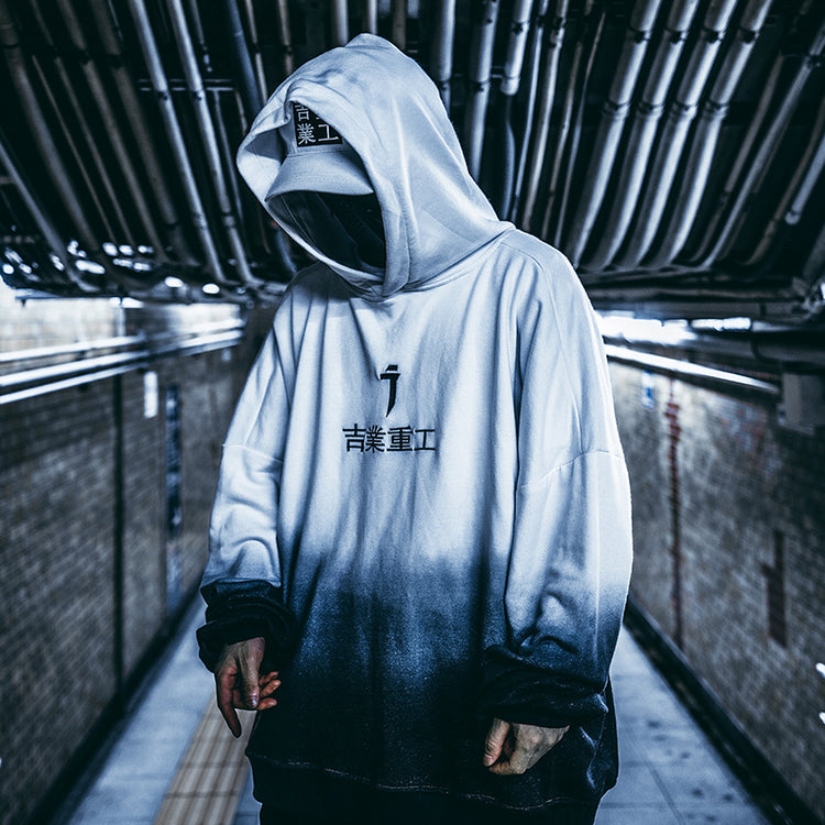 Gradient hoodie with hood and kangaroo pocket, white-to-dark chest graphic print.