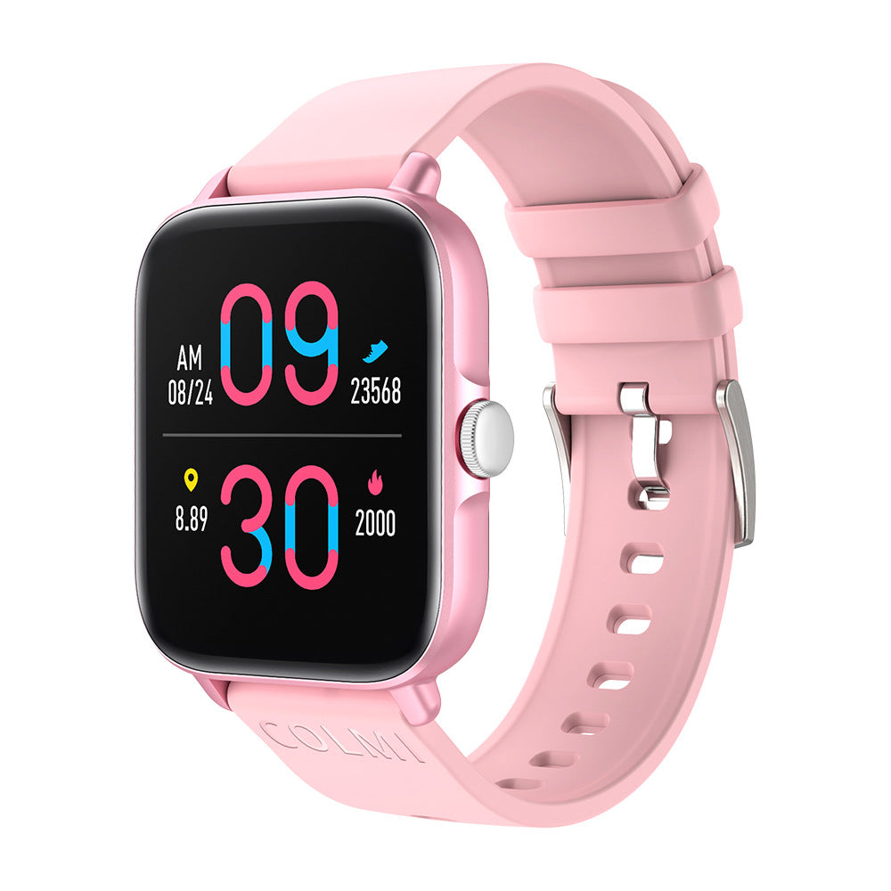 Waterproof smartwatch with light pink strap, rose-gold case, 09:30 and steps dashboard