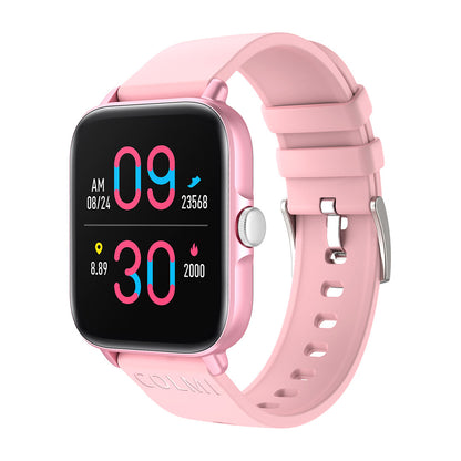 Waterproof smartwatch with light pink strap, rose-gold case, 09:30 and steps dashboard