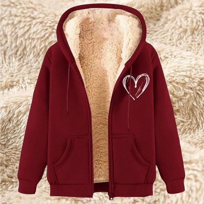 Thermal zip-up hoodie with hood, wine red exterior, sherpa lining, front pockets, heart graphic