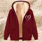 Thermal zip-up hoodie with hood, wine red exterior, sherpa lining, front pockets, heart graphic
