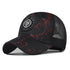 Baseball cap in black with red speckled pattern and round logo patch, curved brim