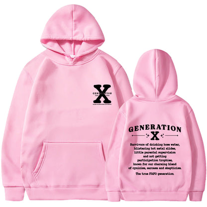 Light pink loose pullover hoodie with hood and kangaroo pocket, front logo and back print.