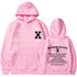 Light pink loose pullover hoodie with hood and kangaroo pocket, front logo and back print.
