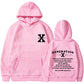 Light pink loose pullover hoodie with hood and kangaroo pocket, front logo and back print.