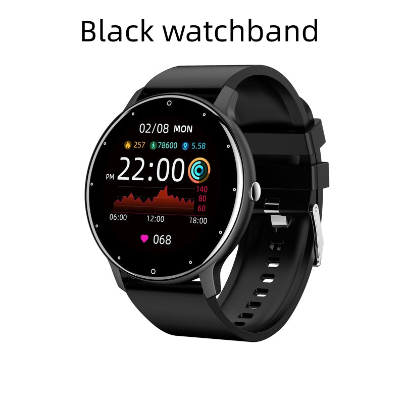 PulseMate Pro smartwatch with black strap, round face showing time and stats