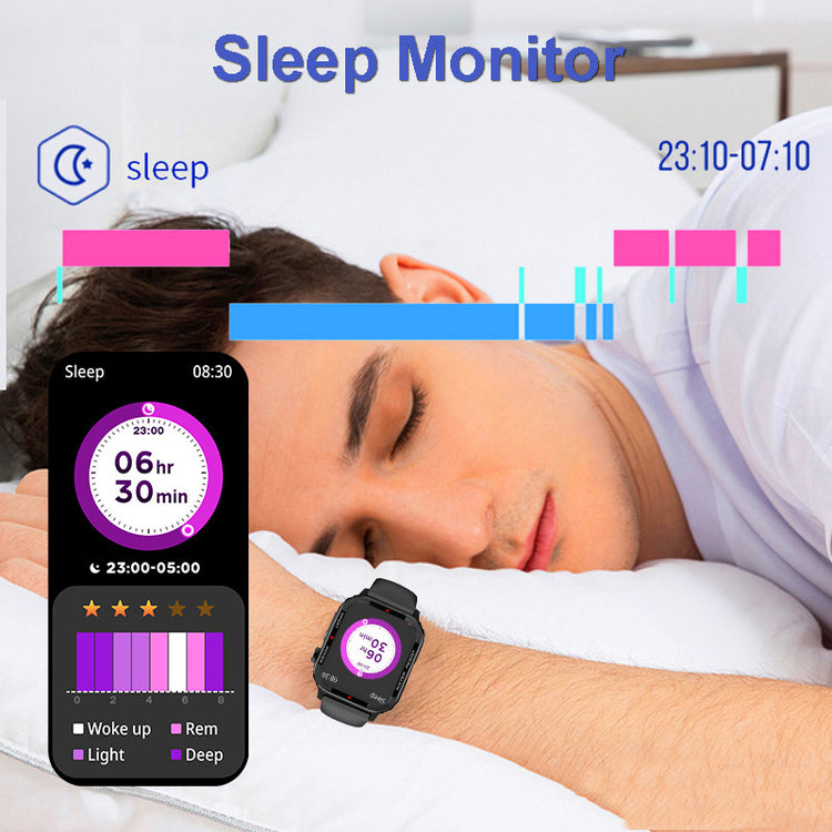 Smartwatch on wrist with sleep monitoring display and purple circular gauge