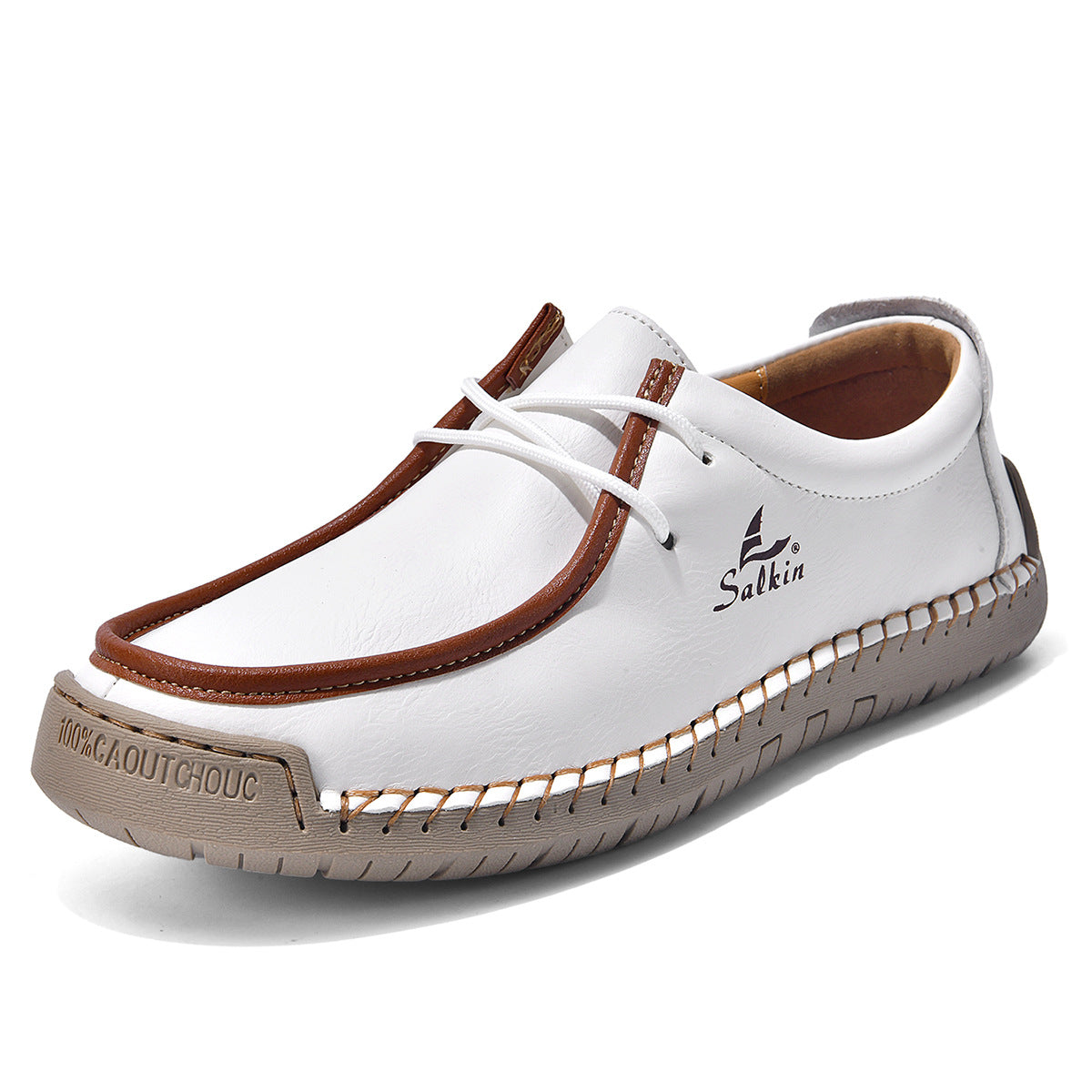 White lace-up casual shoes with brown trim and white laces, stitched moccasin-style upper.