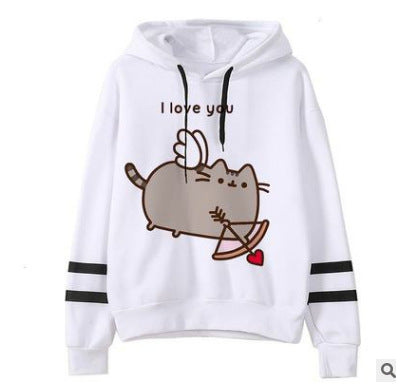 White fleece hoodie with cat illustration and text on front; black drawstrings