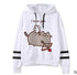 White fleece hoodie with cat illustration and text on front; black drawstrings