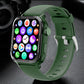 Sports smartwatch with green silicone strap and colorful app icons on black screen