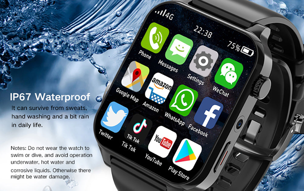 Black smartwatch with touchscreen showing phone and messaging apps