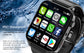Black smartwatch with touchscreen showing phone and messaging apps