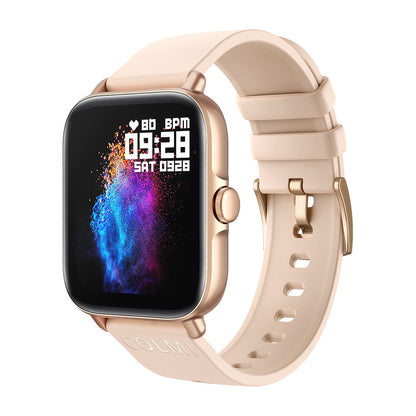 Waterproof smartwatch with cream strap, rose-gold case, 09:28 time screen with spark graphics