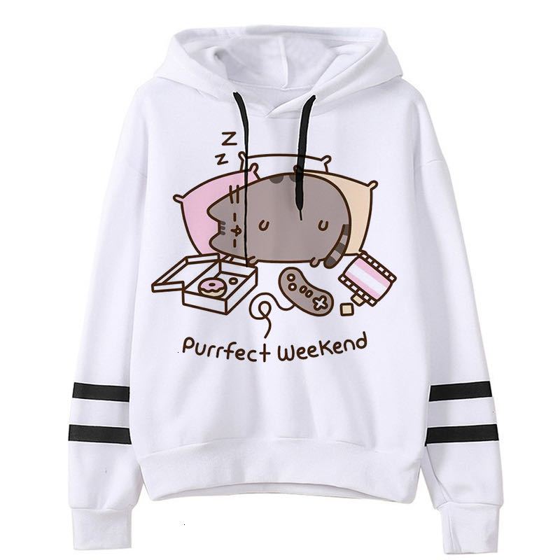 White fleece hoodie with sleeping cat and text "Purrfect weekend"; striped sleeves