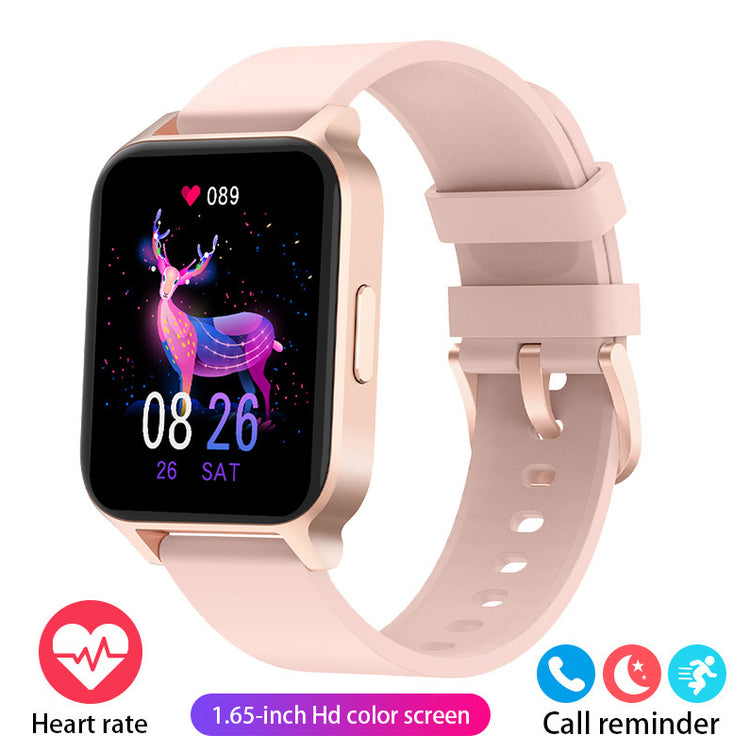 Fitness smartwatch with light pink silicone strap and square color screen with icons