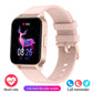 Fitness smartwatch with light pink silicone strap and square color screen with icons