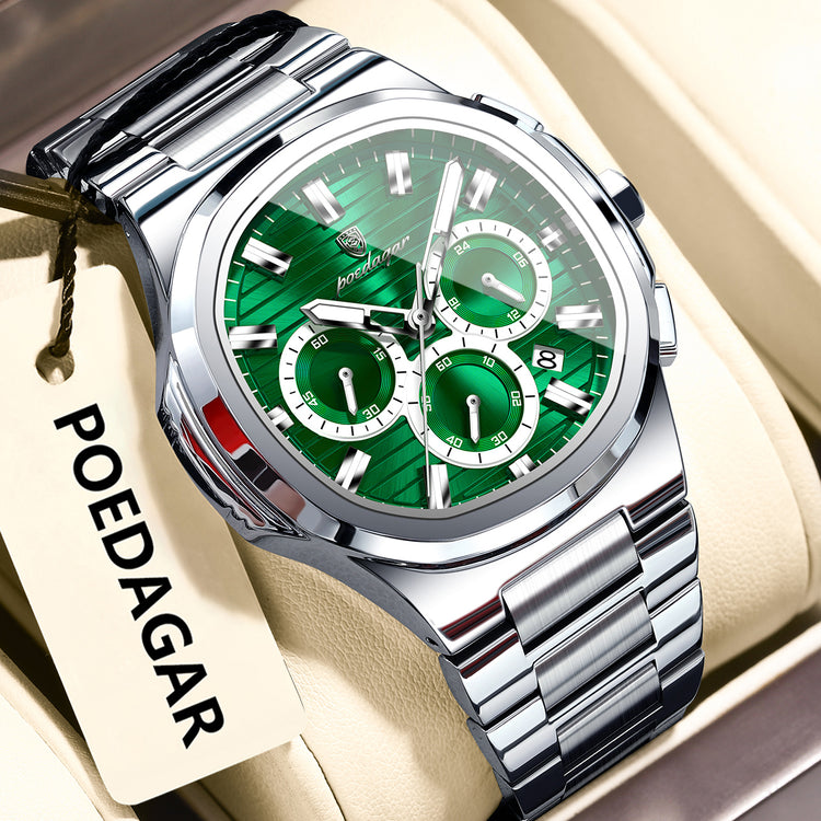 Men’s multifunction luminous watch with silver metal bracelet and green dial, round multi-dial face