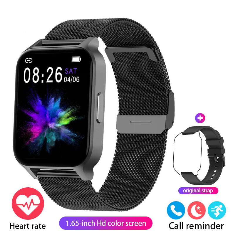 Smartwatch with black mesh strap and square color display showing time and graphics