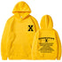 Loose hoodie in yellow with hood, front pouch pocket, and chest/back graphic print.