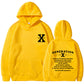 Loose hoodie in yellow with hood, front pouch pocket, and chest/back graphic print.