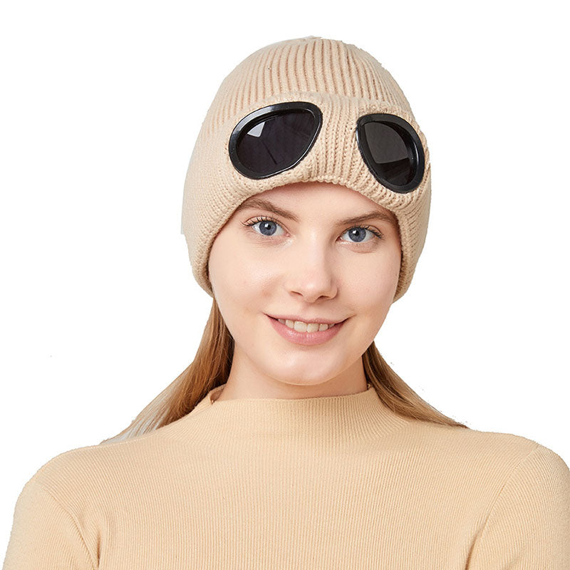 Beige knitted beanie with windproof eye shields