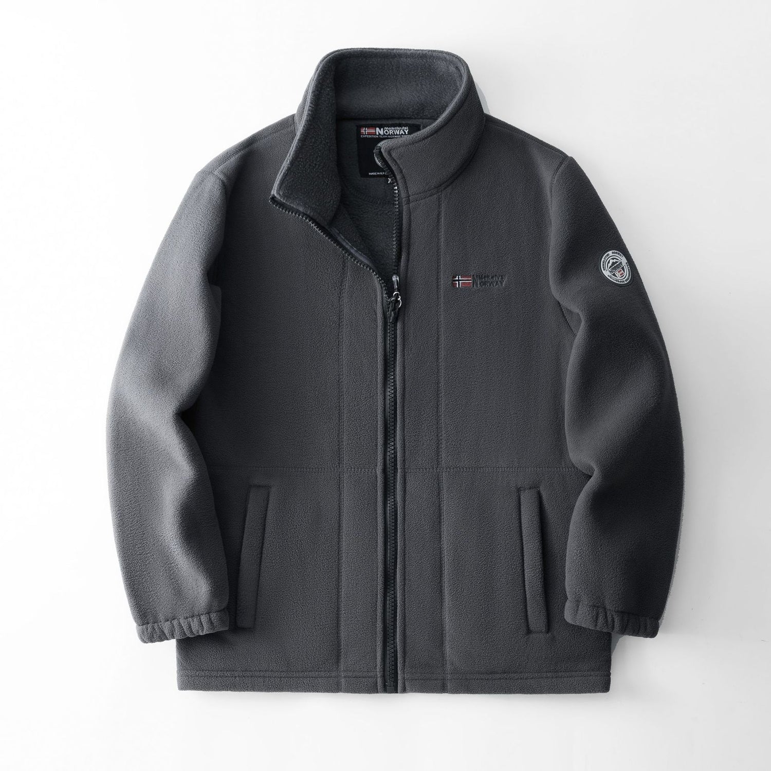 Fleece-lined polar fleece jacket, charcoal gray with zip-front and stand collar