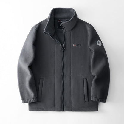 Fleece-lined polar fleece jacket, charcoal gray with zip-front and stand collar