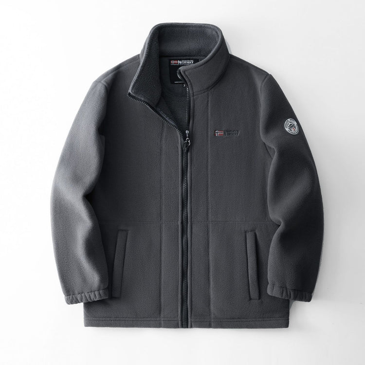 Fleece-lined polar fleece jacket, charcoal gray with zip-front and stand collar