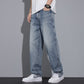 Light blue straight jeans with faded wash, side seam and relaxed leg opening