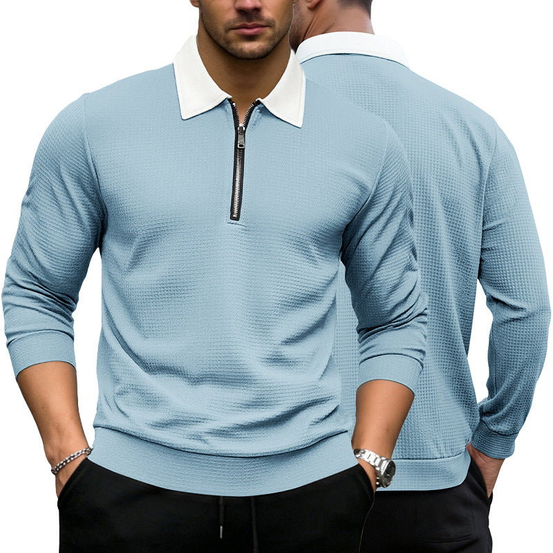 Light blue waffle-knit zip-up shirt, long sleeves, white lapel collar, quarter zipper