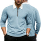 Light blue waffle-knit zip-up shirt, long sleeves, white lapel collar, quarter zipper