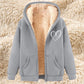 Thermal zip-up hoodie with hood, light gray exterior, sherpa lining, front pockets, heart graphic