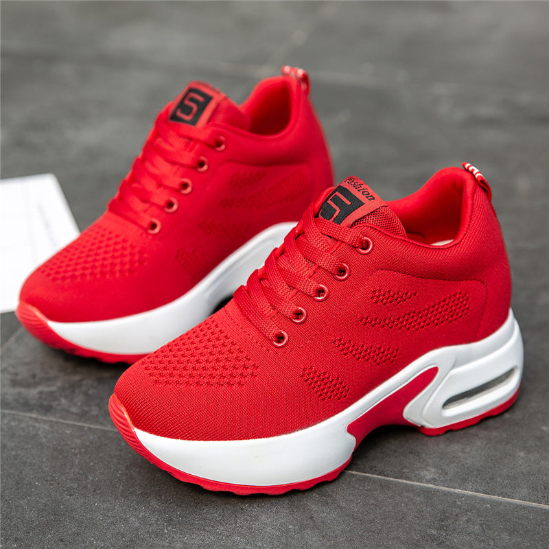 Red knit mesh lace-up sneakers with white platform sole and air-cushion detail