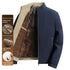 Navy and khaki fleece-lined jacket with front zipper and brown velvet interior lining