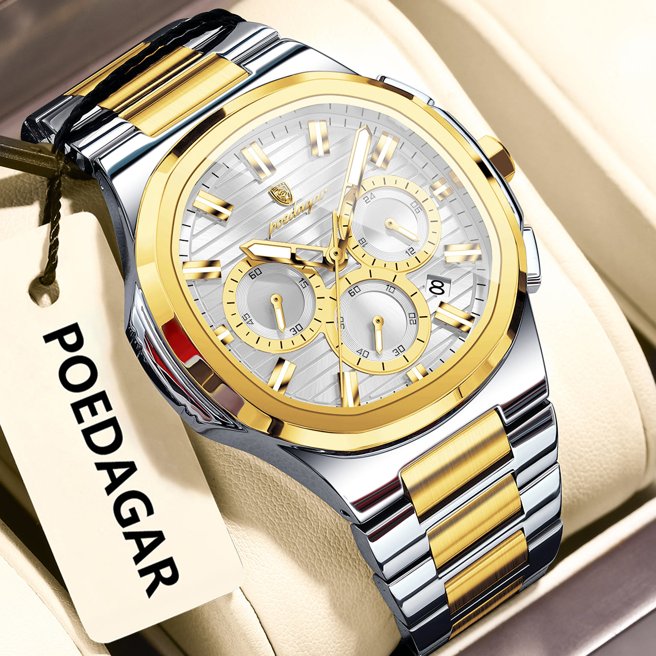 Men’s multifunction luminous watch with gold case and silver bracelet, light dial with subdials