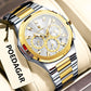 Men’s multifunction luminous watch with gold case and silver bracelet, light dial with subdials