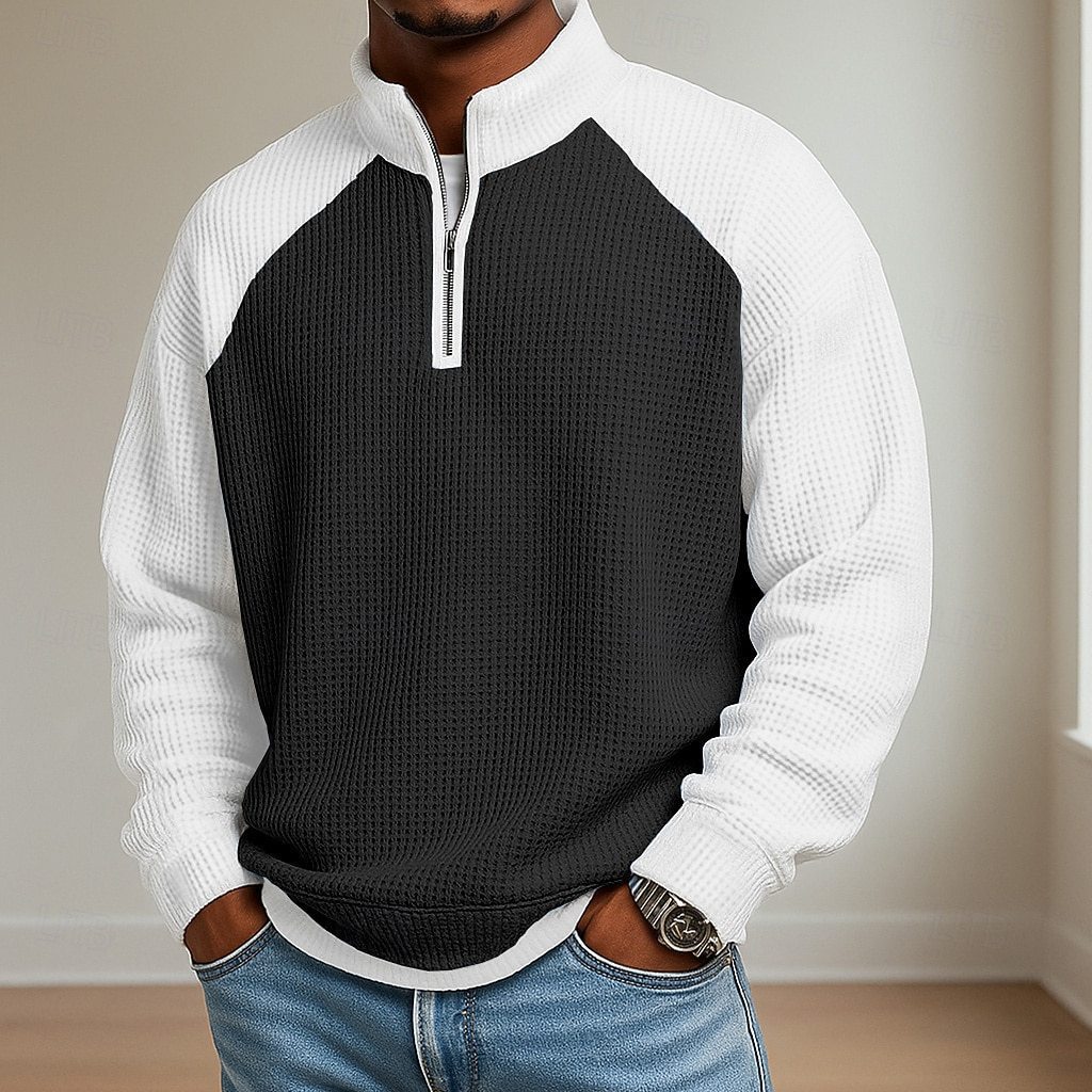 Color-block half-zip long-sleeve polo shirt in black with white sleeves