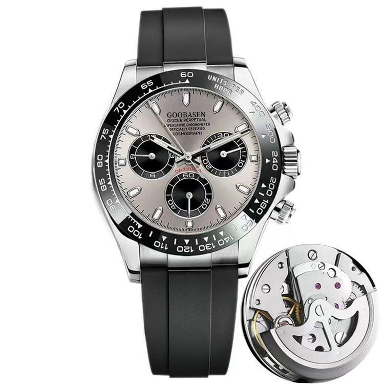 Silver-tone mechanical-style men’s watch with light dial and black silicone strap
