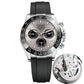 Silver-tone mechanical-style men’s watch with light dial and black silicone strap