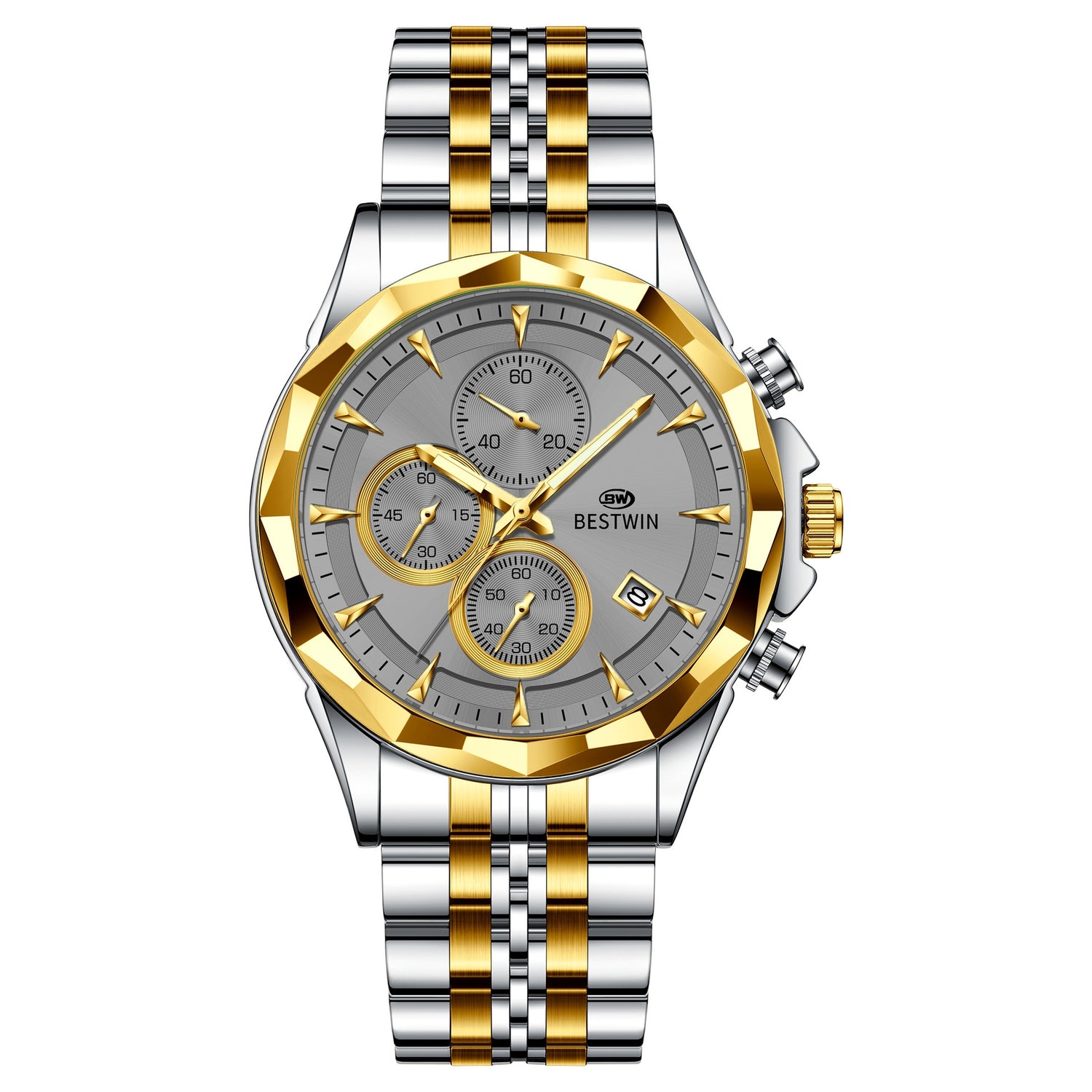Luminous six-hand chronograph watch with gold and silver metal bracelet