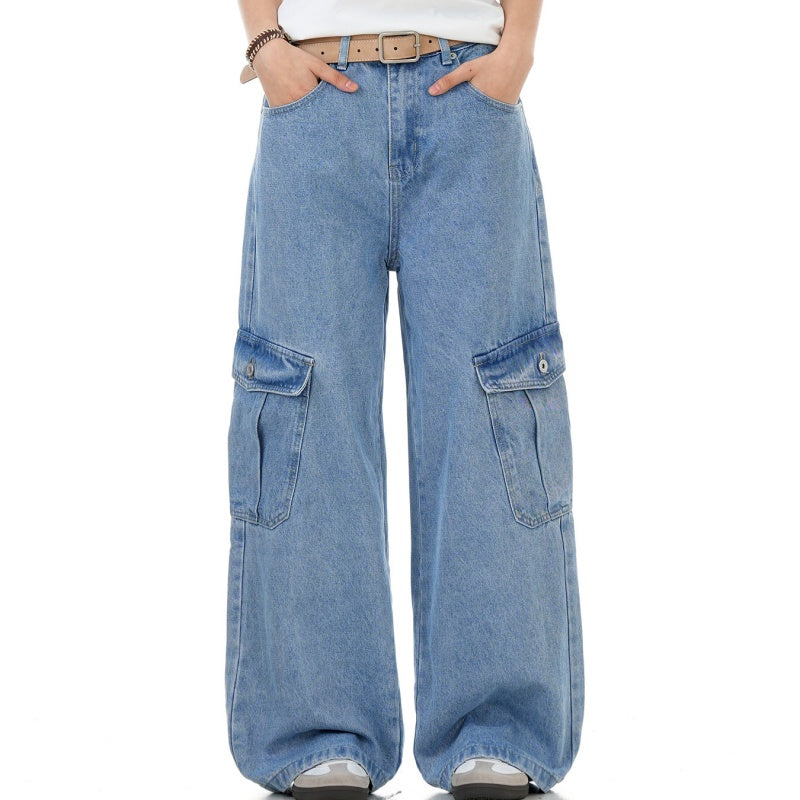 Light blue denim workwear jeans with wide legs and front patch cargo pockets